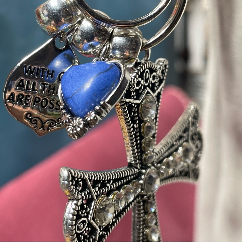 NEW Rhinestone Cross Bag Charm Keychain, Scripture, Portland Leather Compatible!